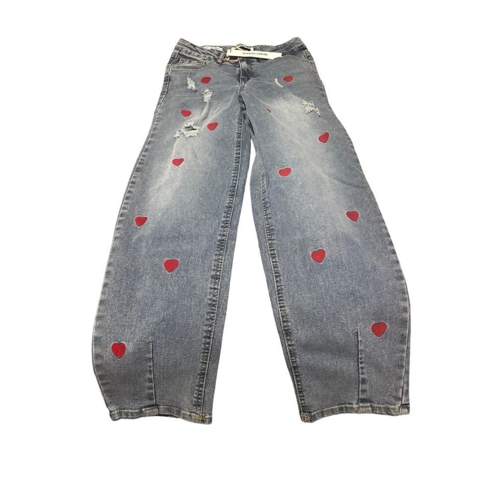 Vigoss Parker Barrel leg 14 red embroidered hearts all over and on pockets nwt